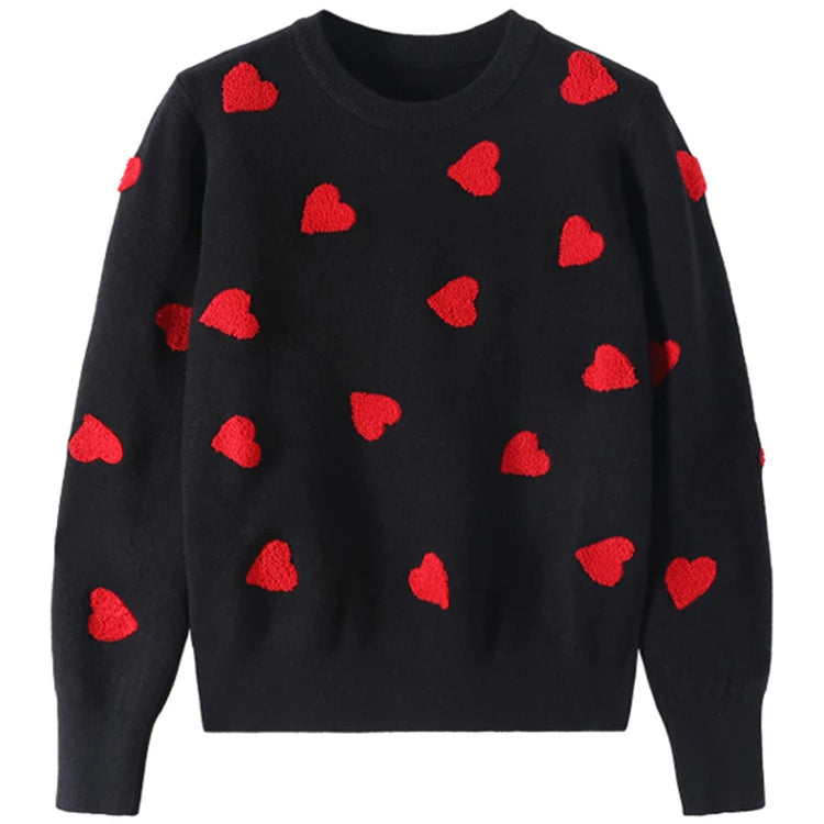 Love Hearts Pullover Sweater Women's Knitted Embroidery Winter Jumper
