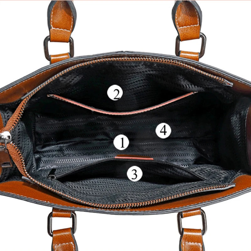 Open handbag with labeled compartments on a white background