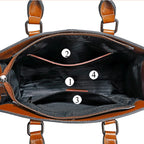 Open handbag with labeled compartments on a white background