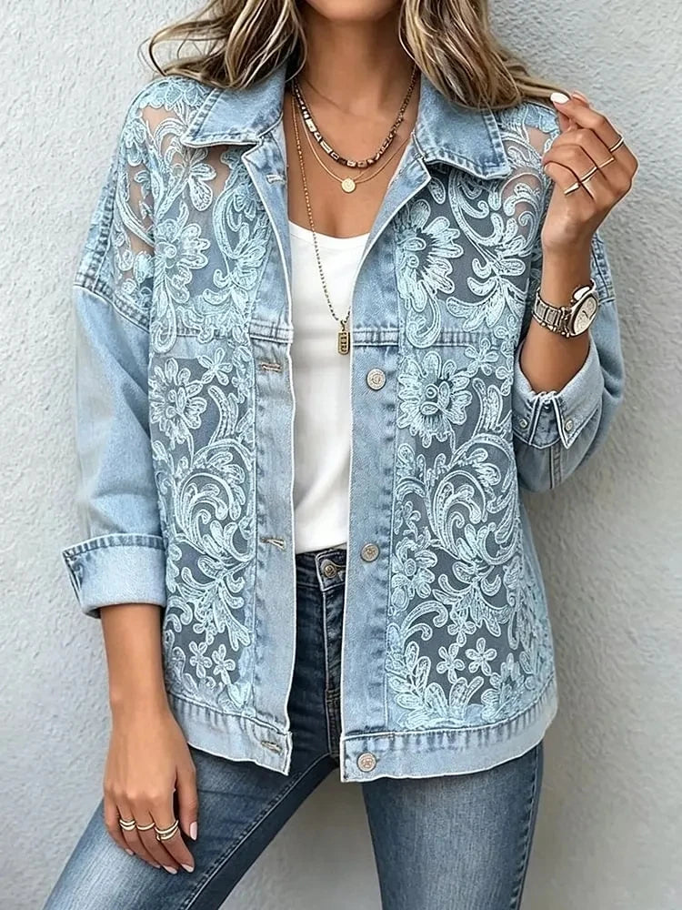 Women's Floral Lace Embroidered Patchwork Denim Jacket