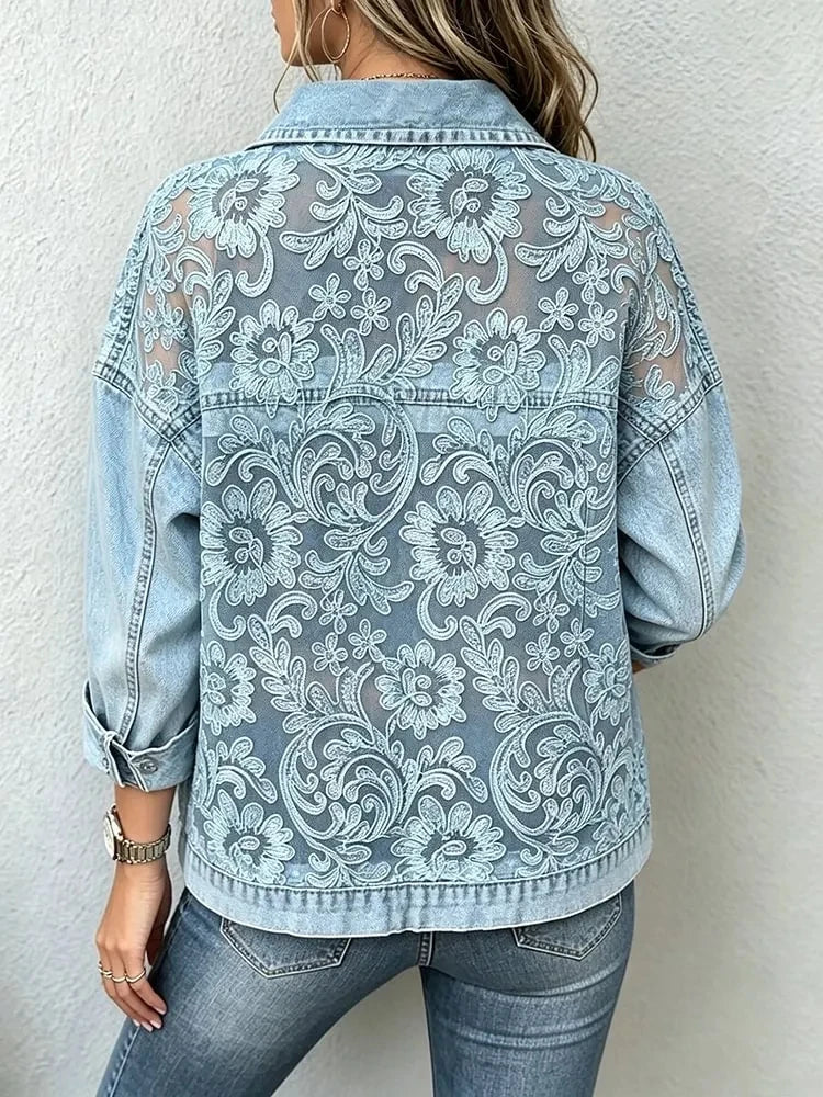 Women's Floral Lace Embroidered Patchwork Denim Jacket