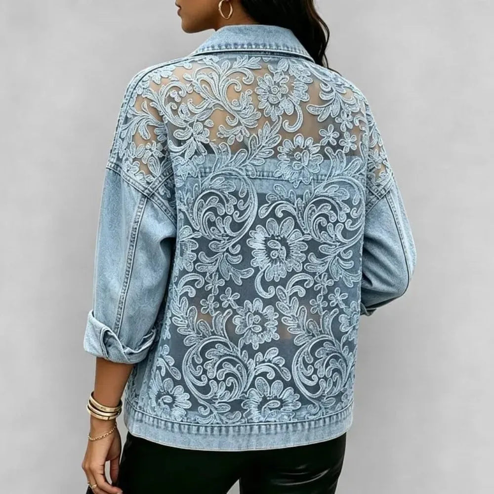 Women's Floral Lace Embroidered Patchwork Denim Jacket