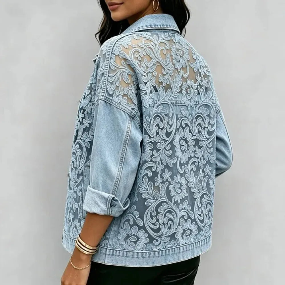 Women's Floral Lace Embroidered Patchwork Denim Jacket