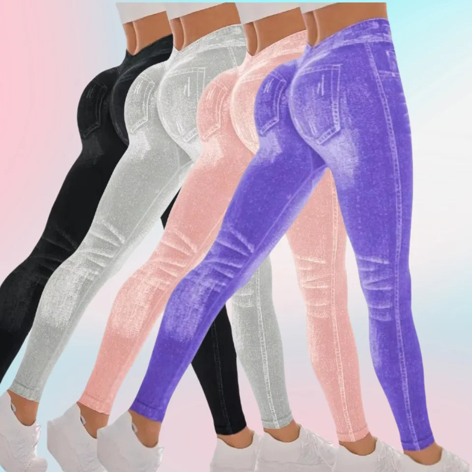 Women's Sport Yoga Leggings Faux Jeans Skinny Tight Seamless Fitness Pants