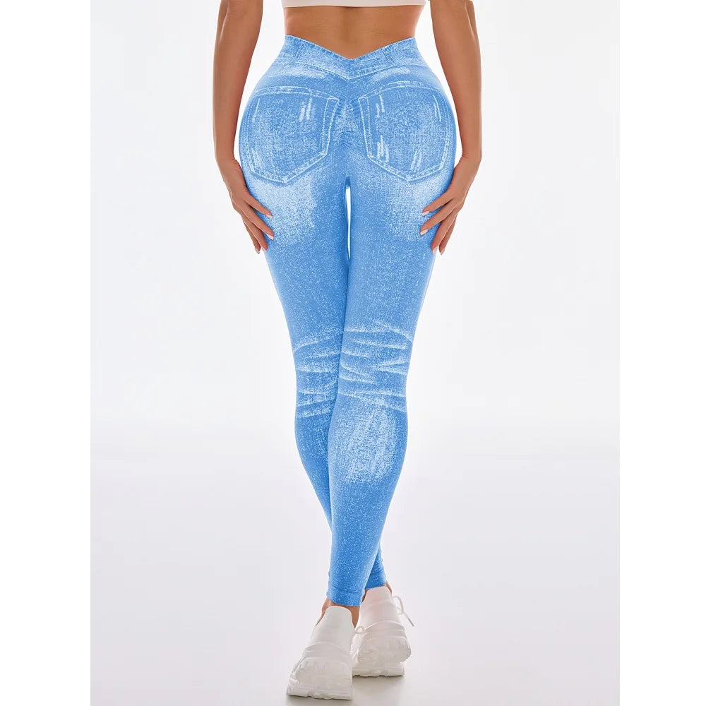 Women's Sport Yoga Leggings Faux Jeans Skinny Tight Seamless Fitness Pants