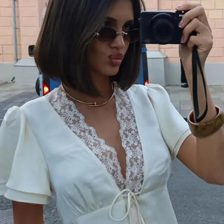 Women's Lace V-Neck Vintage Blouse