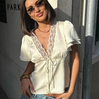 Women's Lace V-Neck Vintage Blouse