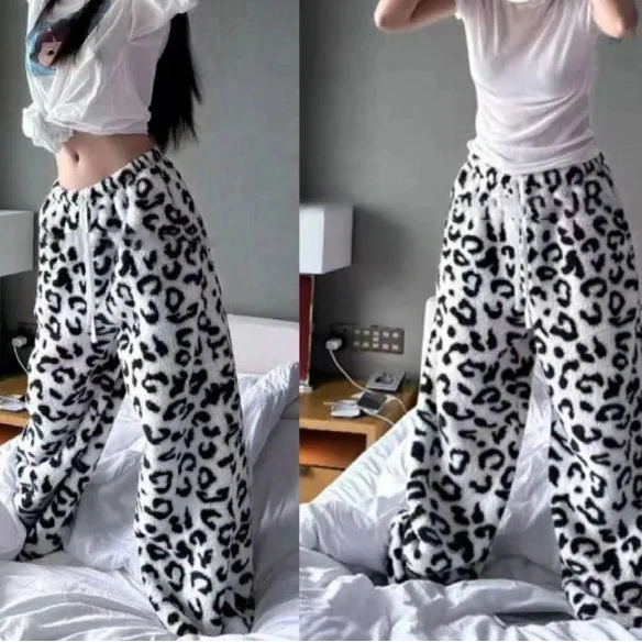 Baggy Thick Pants Leopard Print Sherpa Sweatpants Pajamas