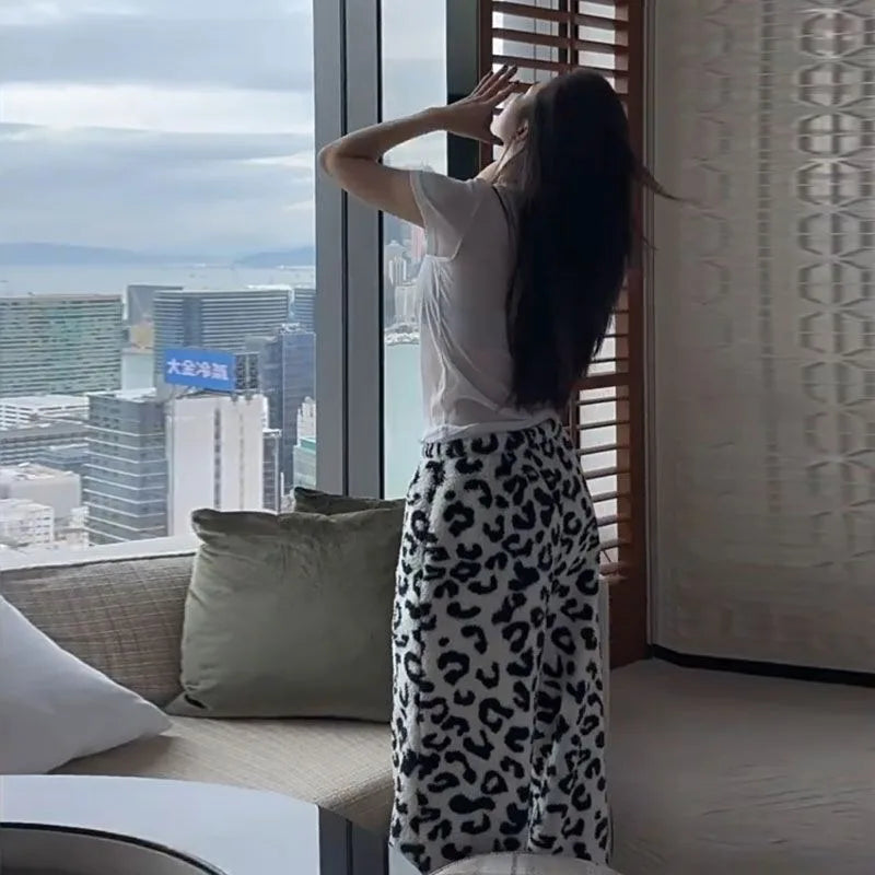 Women's Baggy Thick Pants Leopard Print Sherpa Sweatpants