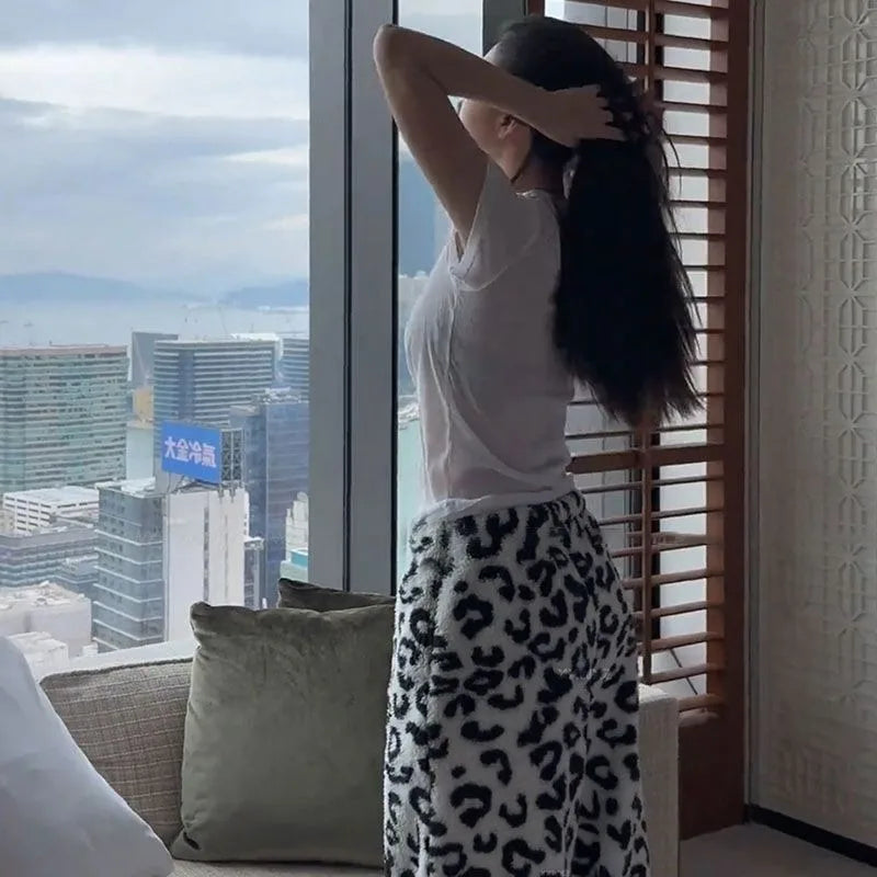 Women's Baggy Thick Pants Leopard Print Sherpa Sweatpants