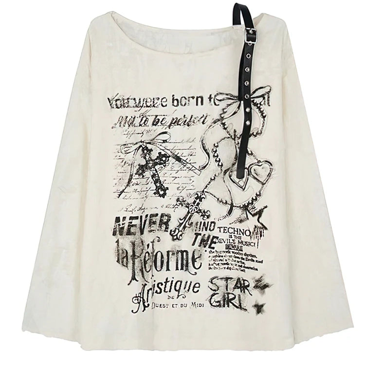 Vintage Baggy Y2K Punk Techno Off Shoulder T-shirt