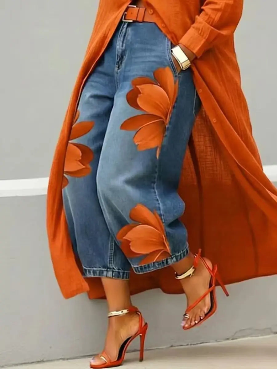 Floral Print High Waist Baggy Jeans Loose Fit Wide Leg Pants