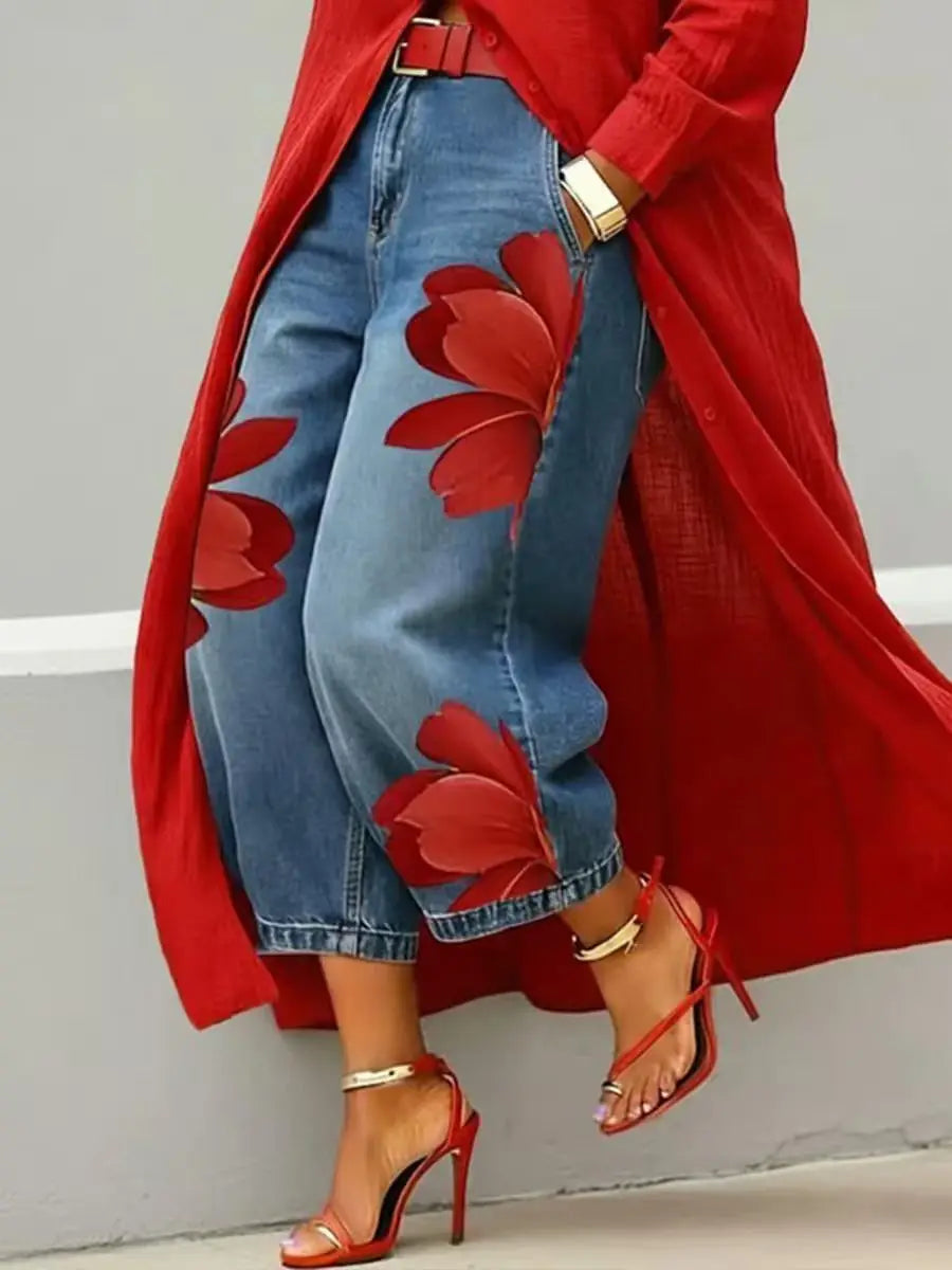 Floral Print High Waist Baggy Jeans Loose Fit Wide Leg Pants