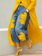 Floral Print High Waist Baggy Jeans Loose Fit Wide Leg Pants