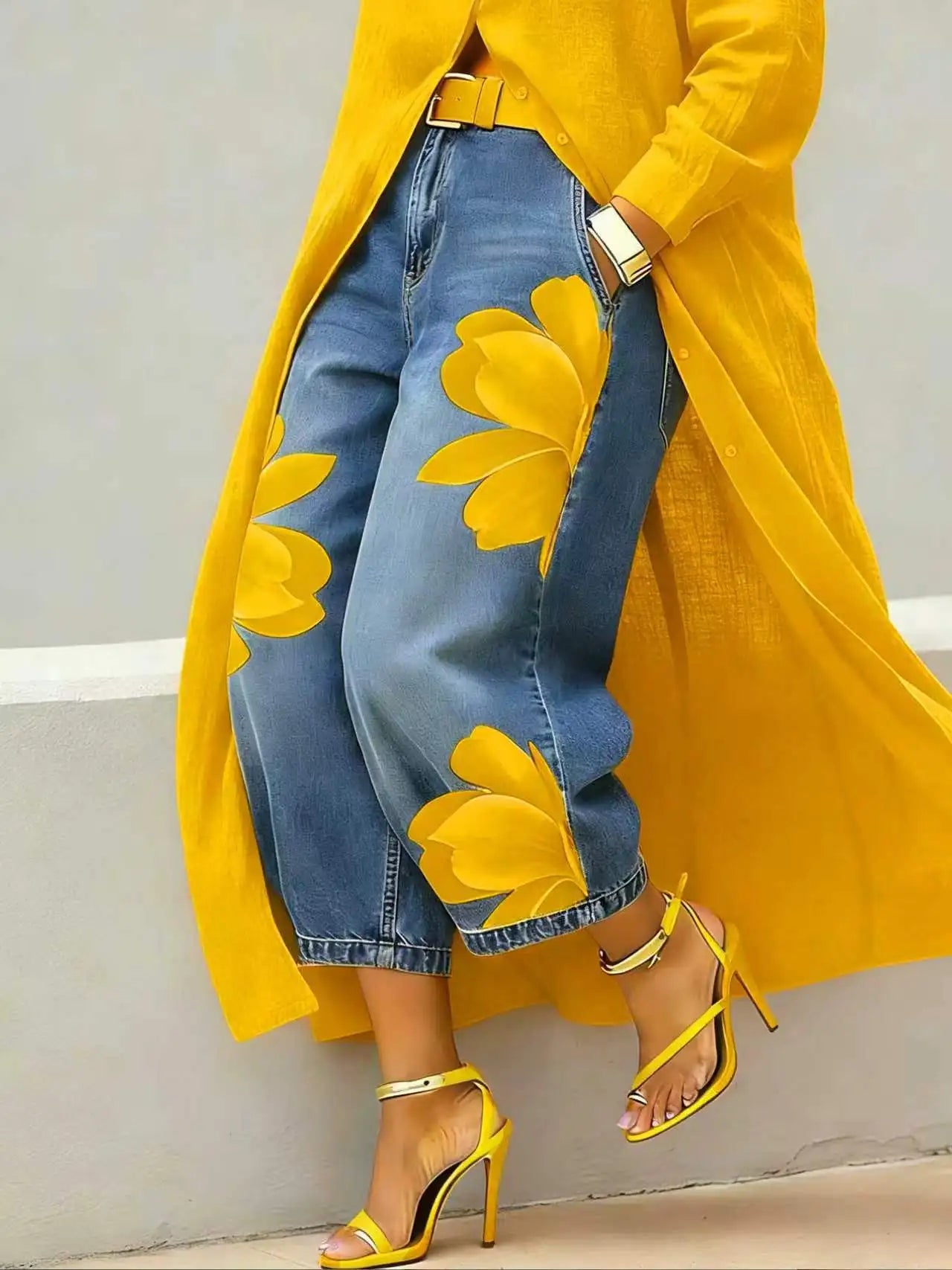 Floral Print High Waist Baggy Jeans Loose Fit Wide Leg Pants