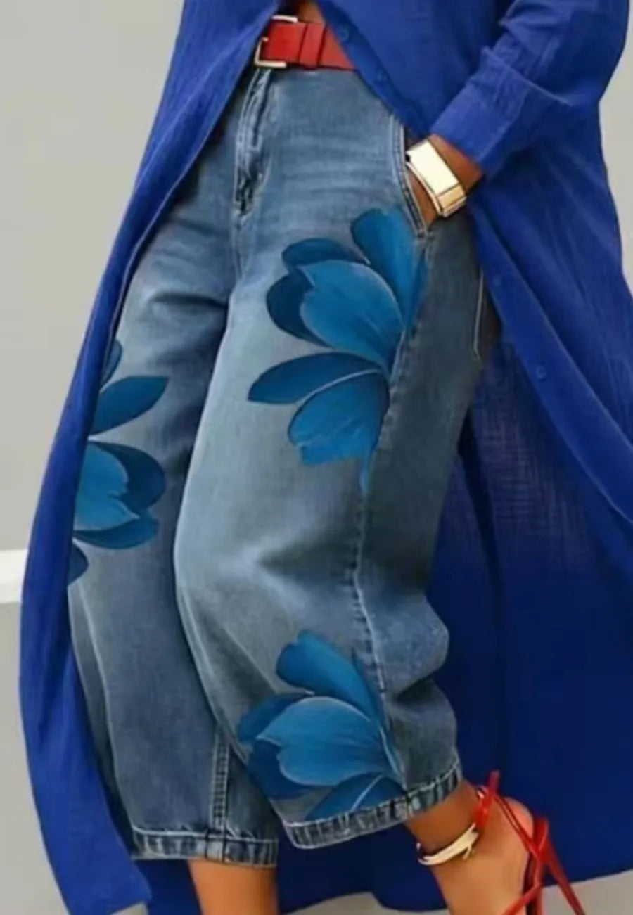 Floral Print High Waist Baggy Jeans Loose Fit Wide Leg Pants