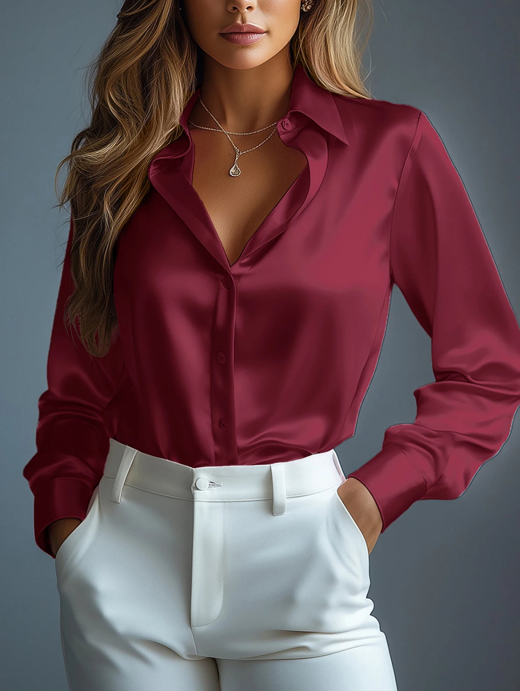 Red satin women's shirt office corporate stylish dress shirt.