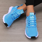 Blue athletic women's sneakers walking comfortable.