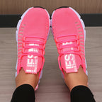 Pink rose red women's sneakers walking running soft light shoes with white soles.