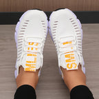 White sneakers with orange accents soft comfortable light for walking, running, casual.
