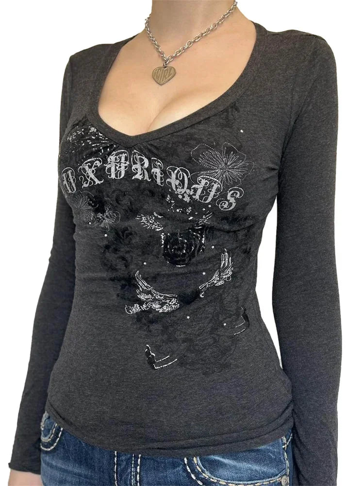 Women's Gothic Long Sleeve T-shirt Print Punk Grunge Y2K