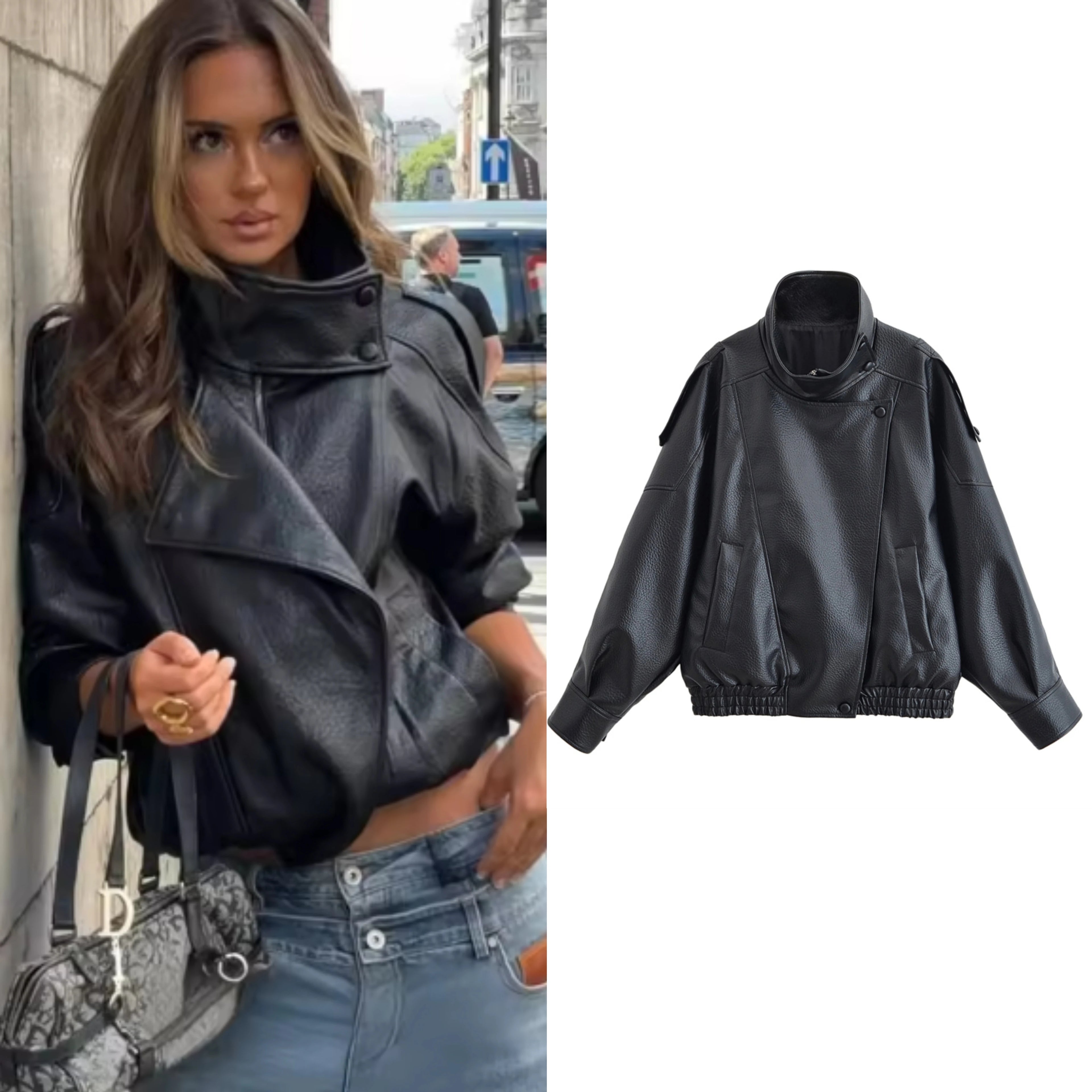 Women's Jacket Faux Pebble Leather Motorcycle Style High Collar