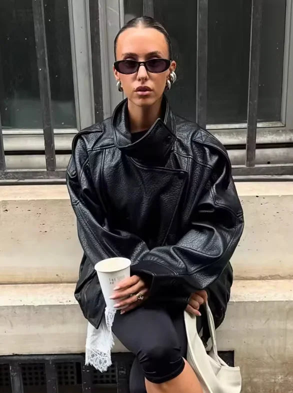 Women's Jacket Faux Pebble Leather Motorcycle Style High Collar