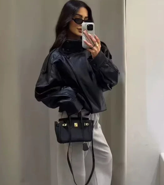 Women's Jacket Faux Pebble Leather Motorcycle Style High Collar