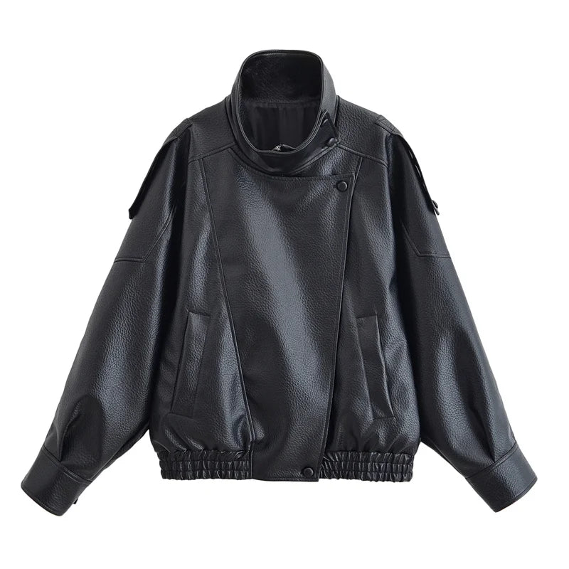 Women's Jacket Faux Pebble Leather Motorcycle Style High Collar