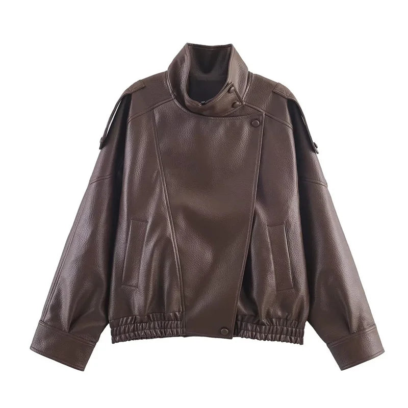 Women's Jacket Faux Pebble Leather Motorcycle Style High Collar