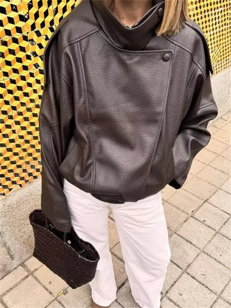 Women's Jacket Faux Pebble Leather Motorcycle Style High Collar