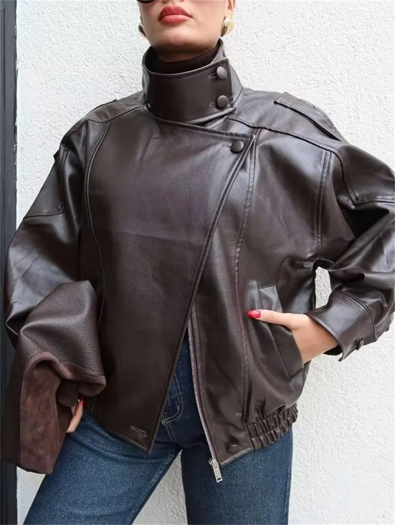 Women's Jacket Faux Pebble Leather Motorcycle Style High Collar