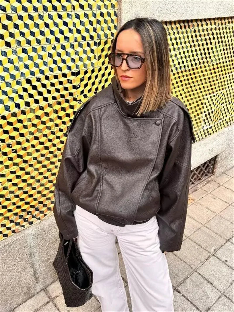 Women's Jacket Faux Pebble Leather Motorcycle Style High Collar