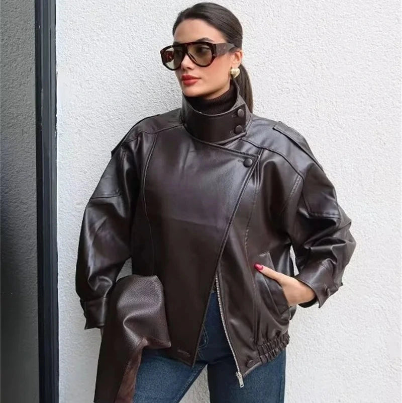 Women's Jacket Faux Pebble Leather Motorcycle Style High Collar