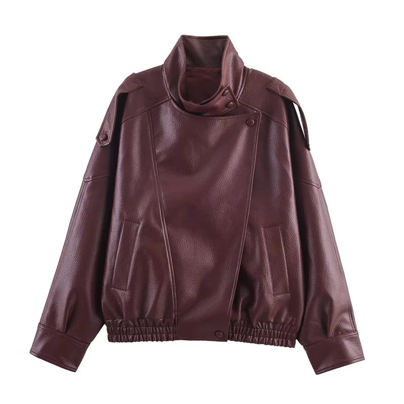 Women's Jacket Faux Pebble Leather Motorcycle Style High Collar