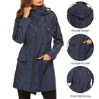 A woman wearing a navy blue hooded raincoat with a front zipper, shown against a white background with three circular inset detail views labeled Hoodie Design, Outside Pocket, and Waist Tightening.