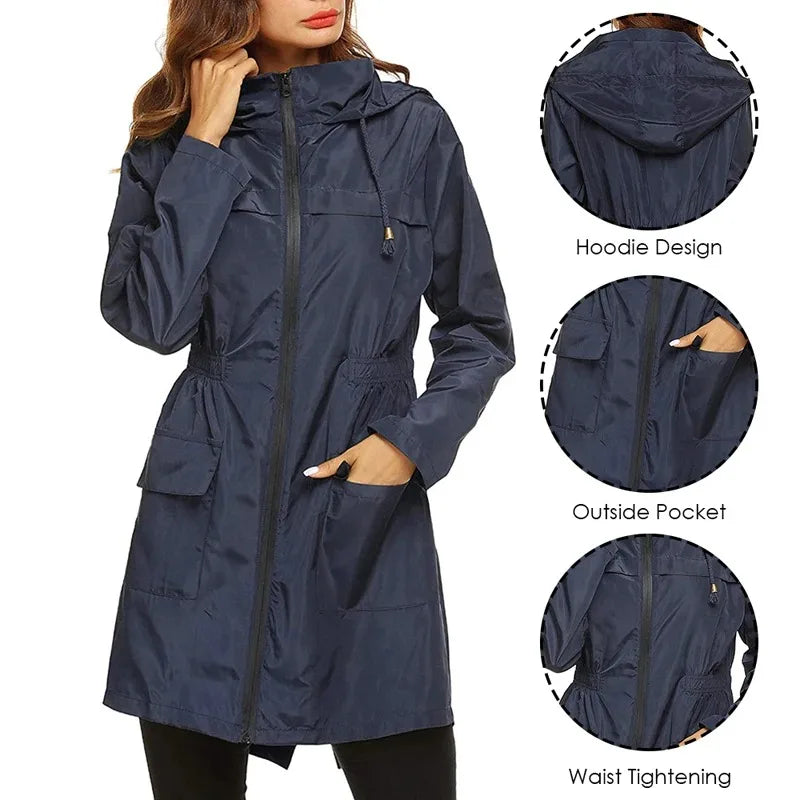 A woman wearing a navy blue hooded raincoat with a front zipper, shown against a white background with three circular inset detail views labeled Hoodie Design, Outside Pocket, and Waist Tightening.