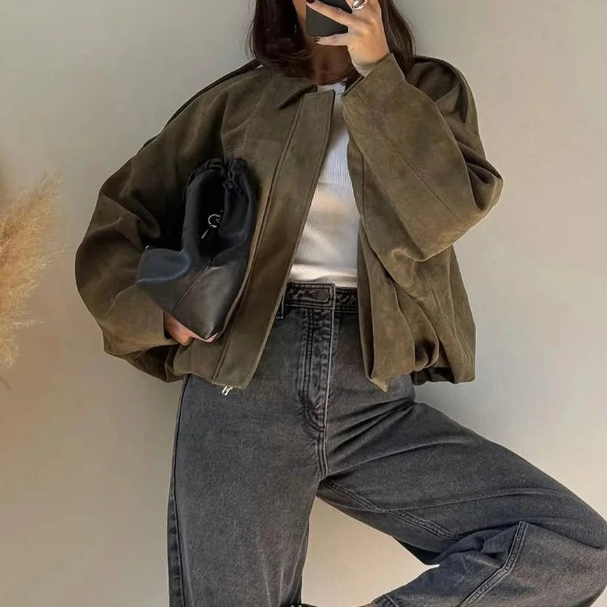 Women's Oversized Bomber Jacket Epaulets and Lantern Sleeves