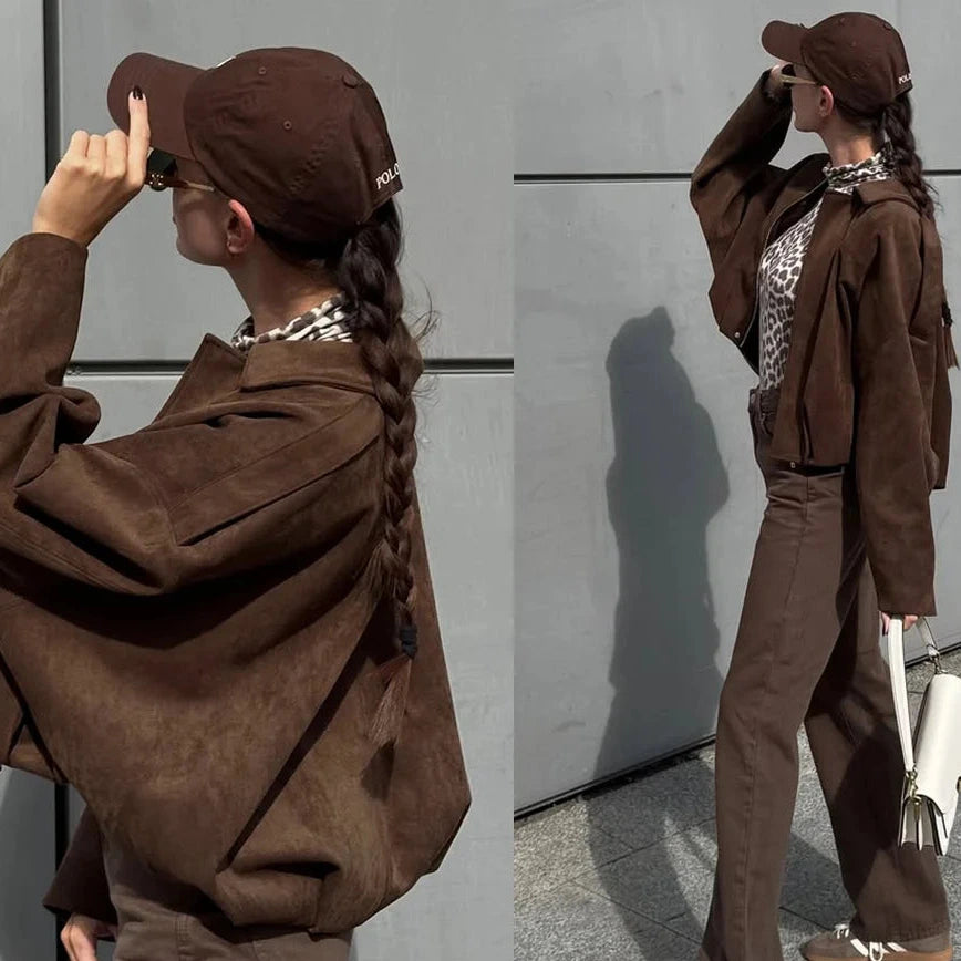 Women's Oversized Bomber Jacket Epaulets and Lantern Sleeves