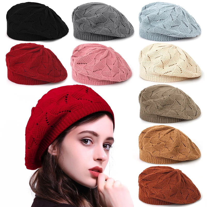 Women's Plain Knit Beret French Artist Hat Thin Acrylic Beanie