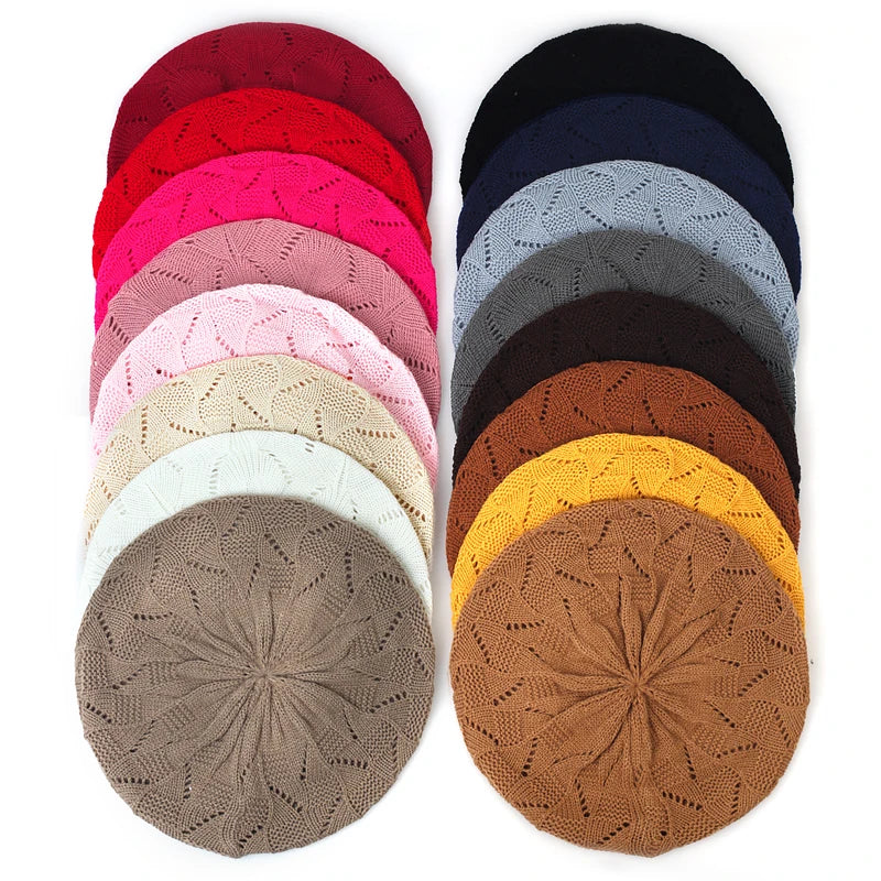 Women's Plain Knit Beret French Artist Hat Thin Acrylic Beanie