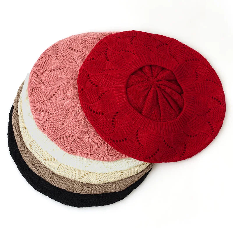 Women's Plain Knit Beret French Artist Hat Thin Acrylic Beanie