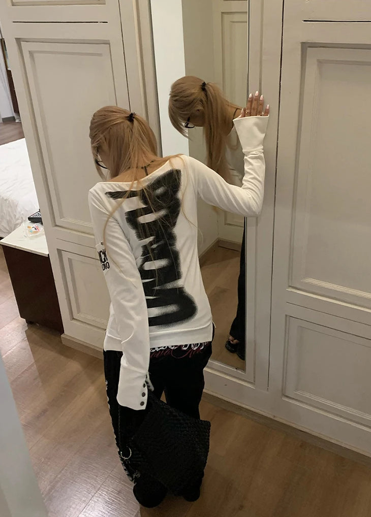 Retro T-shirt Women's Button Sleeve Cuffs Gothic Grunge Emo