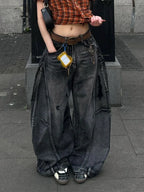 Women's Ultra Baggy Cargo Denim Jeans Vintage Wide Leg Y2K