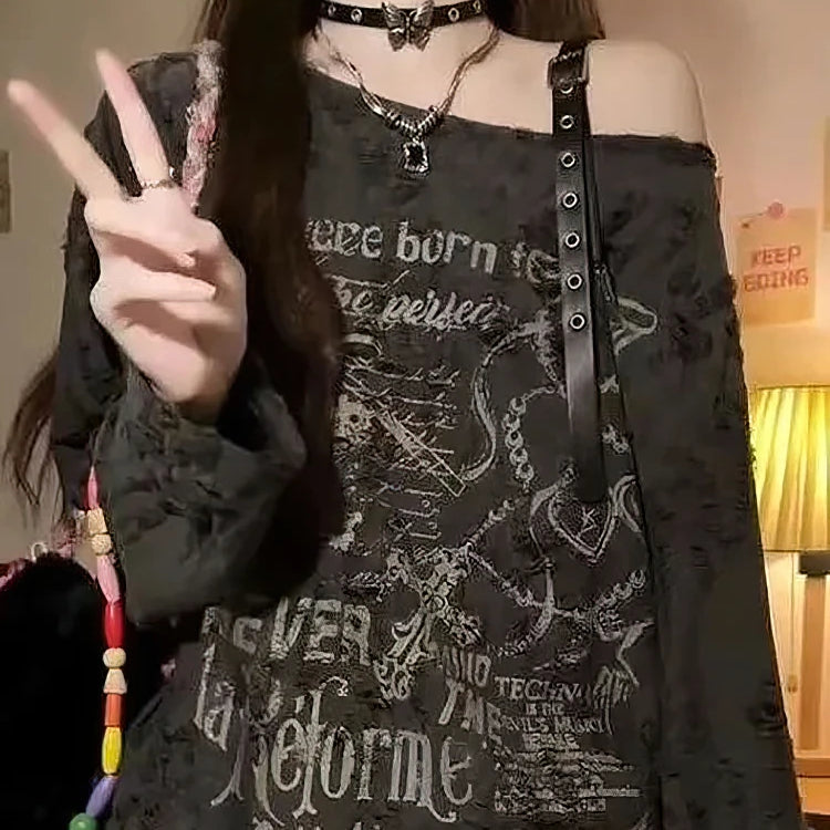 Vintage Baggy Y2K Punk Techno Off Shoulder T-shirt