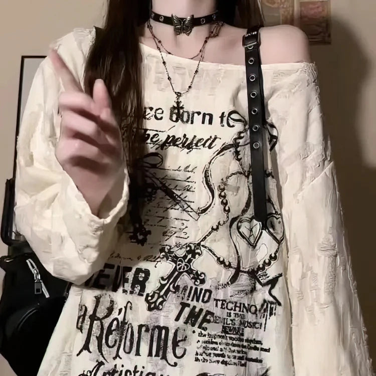 Vintage Baggy Y2K Punk Techno Off Shoulder T-shirt