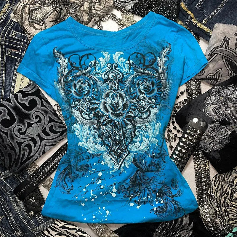 Women's Grunge T-Shirt Vintage Heart Rose Print Top