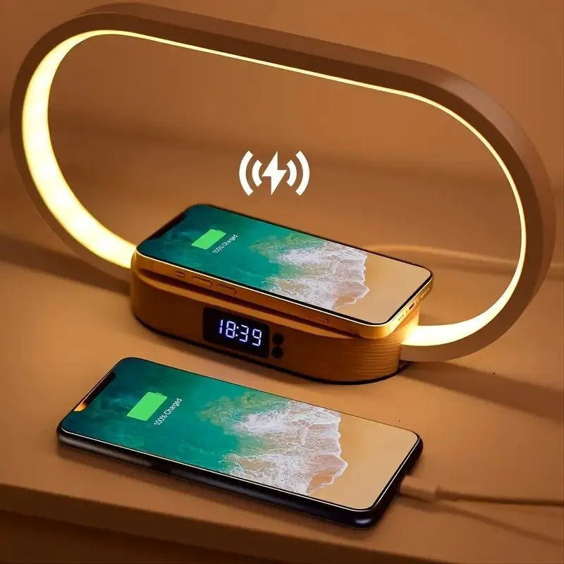 Wood Design Fast Phone Charger Station Desk Lamp Clock Charging Dock