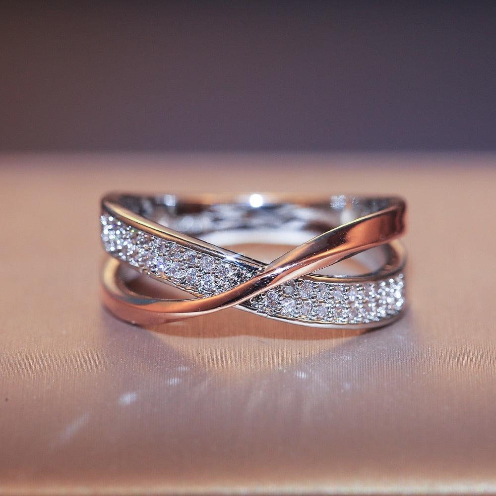 X-Shape Ring Two-Tone Silver Gold Custom CZ Diamonds Jewellery