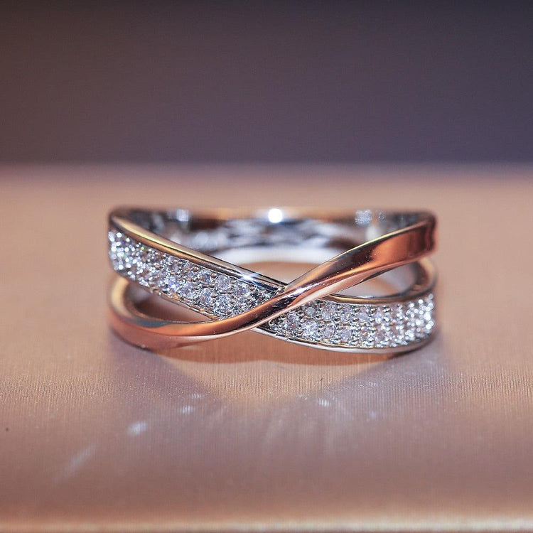 X-Shape Ring Two-Tone Silver Gold Custom CZ Diamonds Jewellery
